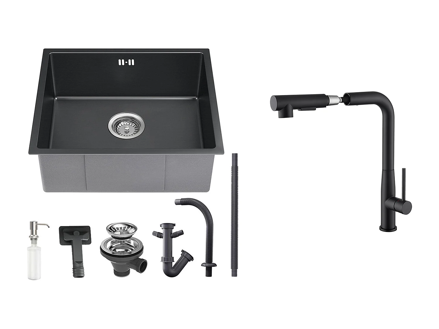 Zwarte gootsteen1 bak 50x43x18,5CM, roestvrij staal, met zeepdispenser + keukenkraan met 360° draaibare uittrekbare douche, 2 functies, zwart