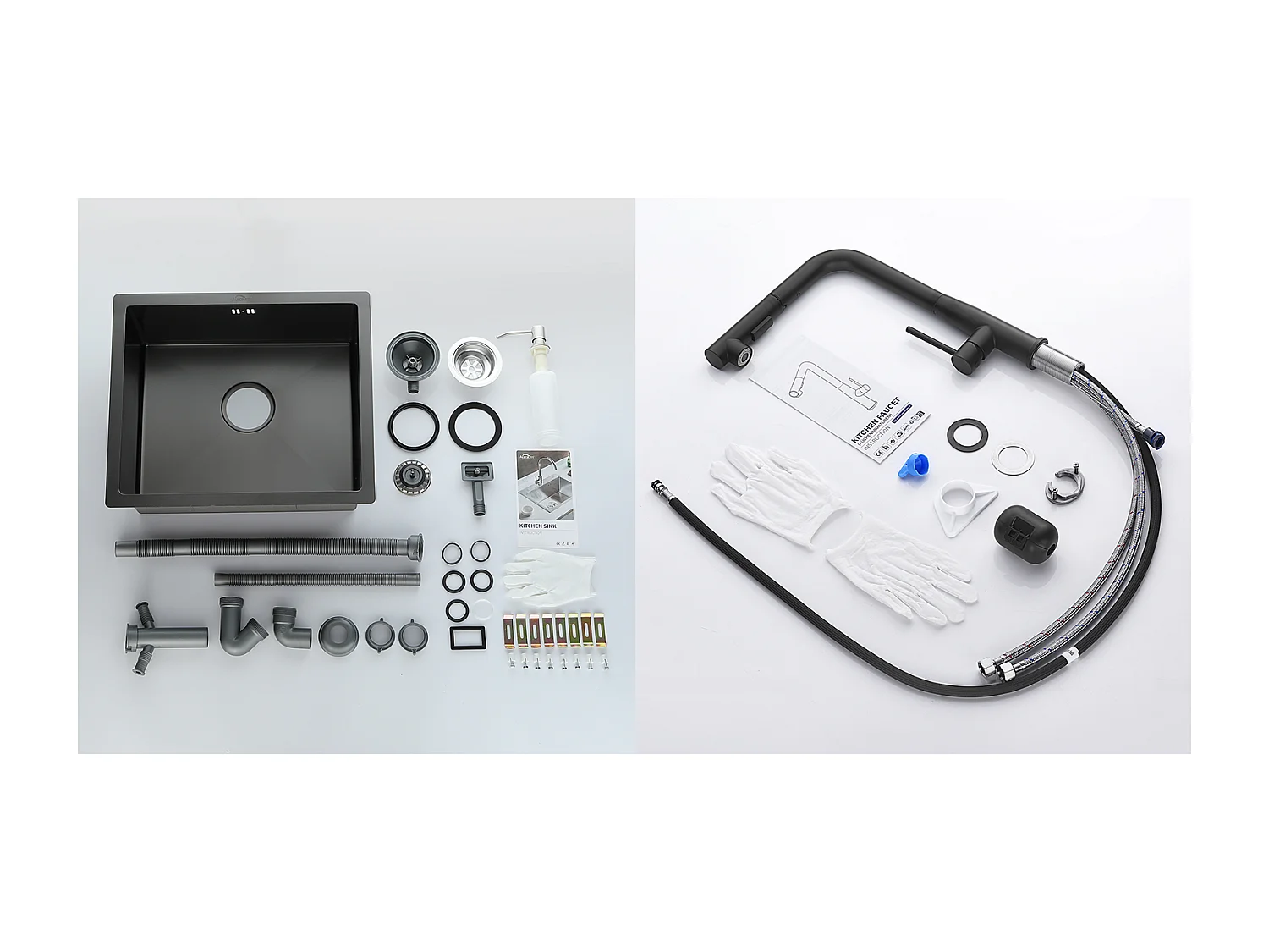 Zwarte gootsteen1 bak 50x43x18,5CM, roestvrij staal, met zeepdispenser + keukenkraan met 360° draaibare uittrekbare douche, 2 functies, zwart