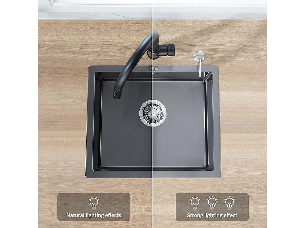 Évier Noir 1 Bac 50x43x18,5CM,Inox,avec Distrubuteur Savon+Robinet Cuisine avec Douchette Extractible Rotatif 360°,2 Fonctions,Noir