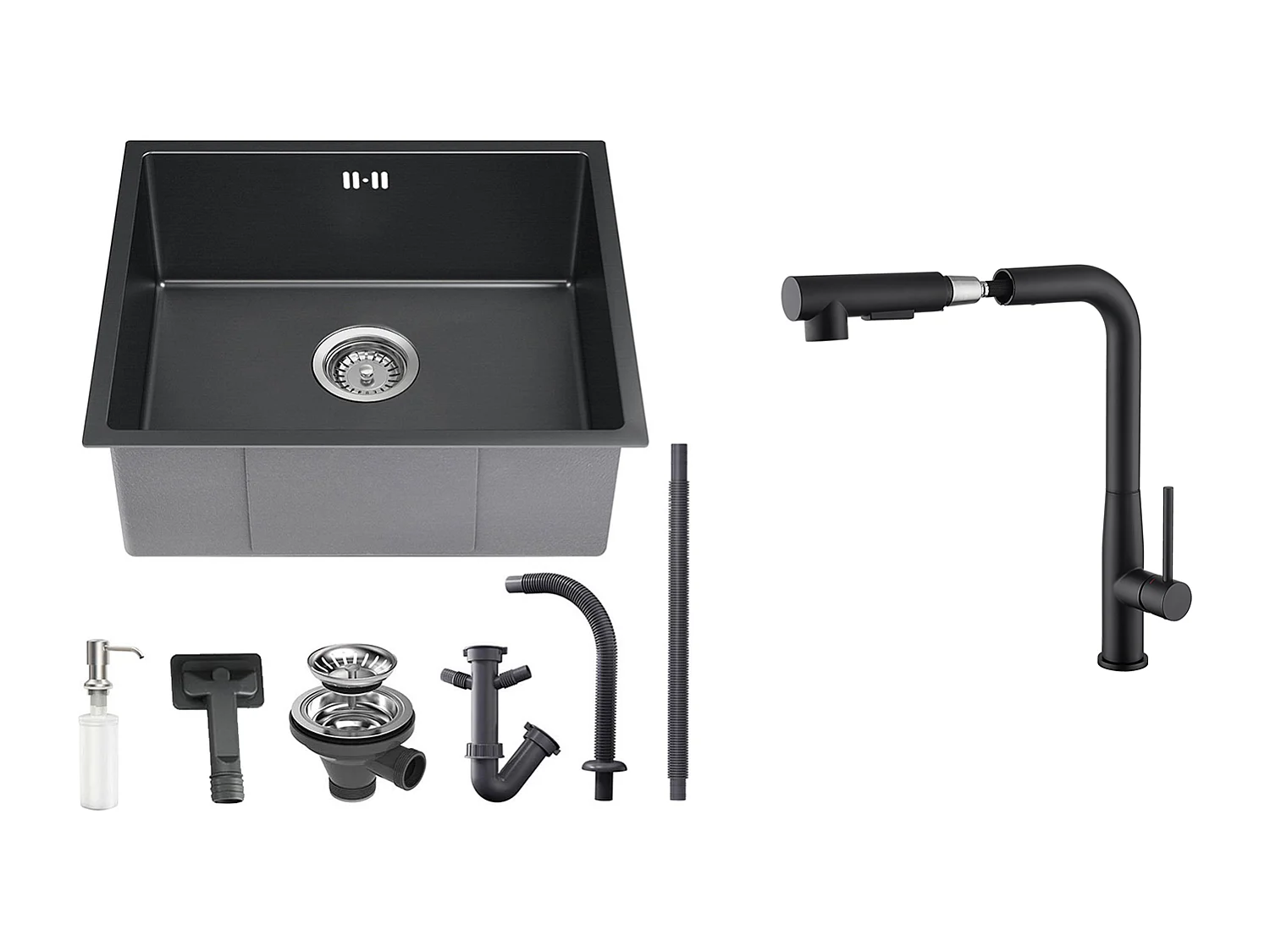 Fregadero Negro 1 Bandeja 50x43x18,5CM,Inox,con Distributor Jabón+Grifo Cocina con Ducha Extragible Rotativo 360°,2 Funciones,Negro