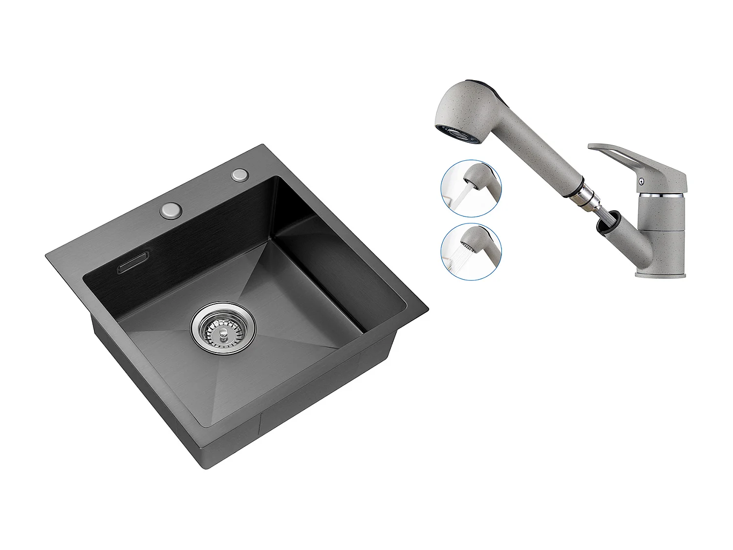 Lavello Cucina Nero1Vassoio 45x45CM Acciaio Inossidabile,incassato e da Posa+Rubinetto Cucina con Doccia Estraibile 2 Getti,Acca Fredda/Calda,Grigio