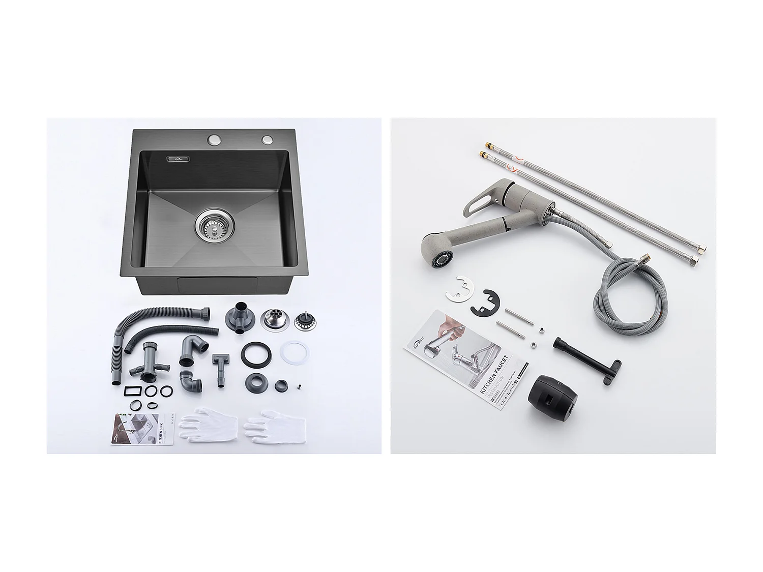 Lavello Cucina Nero1Vassoio 45x45CM Acciaio Inossidabile,incassato e da Posa+Rubinetto Cucina con Doccia Estraibile 2 Getti,Acca Fredda/Calda,Grigio