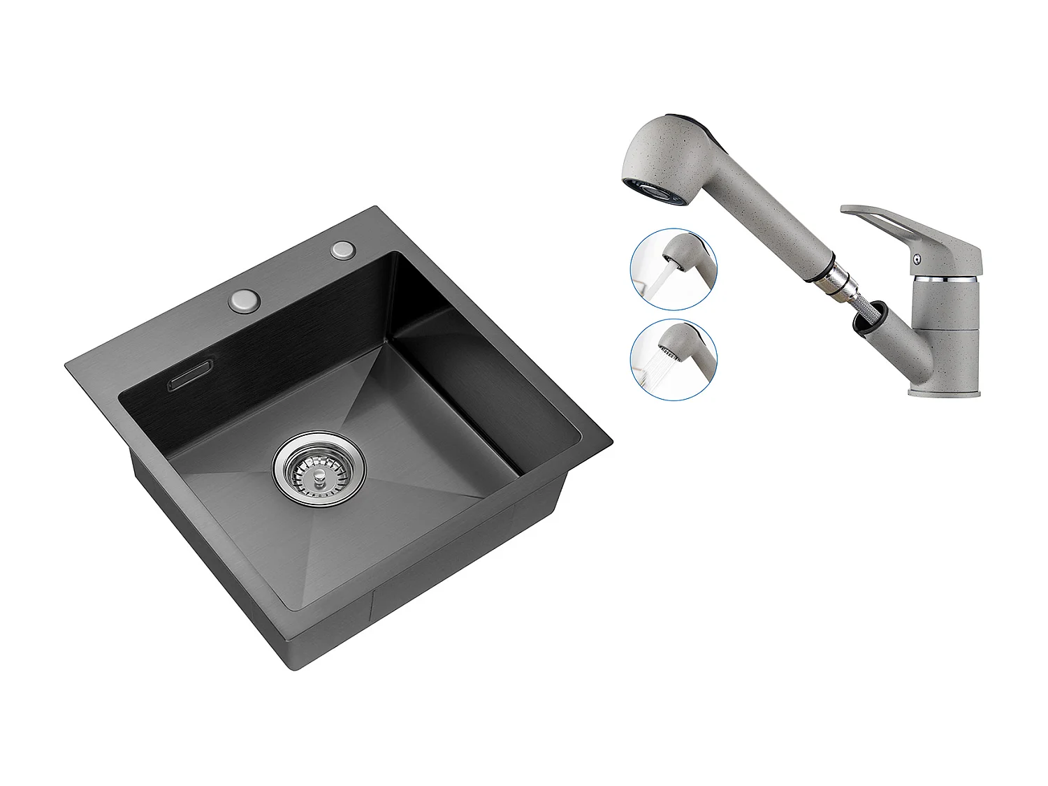 Évier Cuisine Noir1Bac 45x45CM Acier Inoxydable ,encastré et à Poser+Robinet Cuisine avec Douchette Extractible 2 Jets,Eau Froide et Chaude,Gris