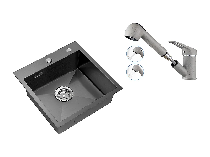 Évier Cuisine Noir1Bac 45x45CM Acier Inoxydable ,encastré et à Poser+Robinet Cuisine avec Douchette Extractible 2 Jets,Eau Froide et Chaude,Gris