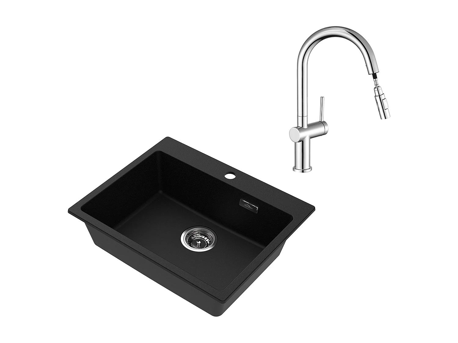 1 Bandeja Fregadero Cocina de Granito,55*45*20cm,Kit de Vaciado,Negro +Grifo de cocina retráctil de dos funciones, cromado