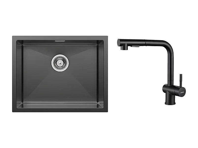 2 en1 Évier de Cuisine 1 Bac 55*44*19CM, à Encastrer/Fleur/ Sous-Plan, Noir+Robinet Cuisine Douchette Extractible Deux Jets Pivotant 360°,Noir