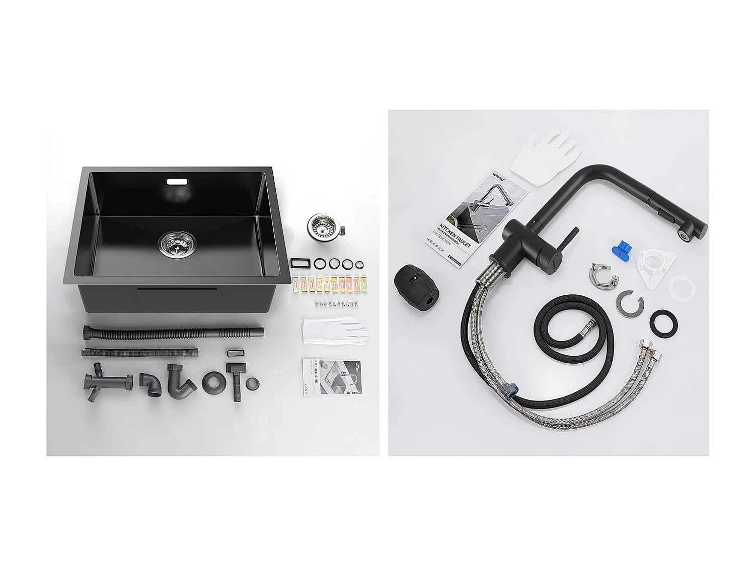 2 en1 Évier de Cuisine 1 Bac 55*44*19CM, à Encastrer/Fleur/ Sous-Plan, Noir+Robinet Cuisine Douchette Extractible Deux Jets Pivotant 360°,Noir