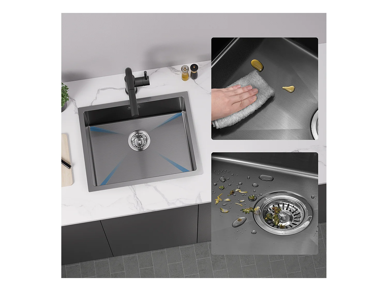 Lavello da cucina 1 vasca 55*44*19CM, da incasso/Fleur/ Sottopiano, Noir+Rubinetto Cucina Doccia Estraibile Due Getti Girevoli A 360°, Nero