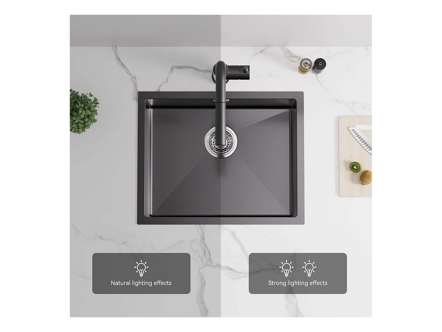 Lavello da cucina 1 vasca 55*44*19CM, da incasso/Fleur/ Sottopiano, Noir+Rubinetto Cucina Doccia Estraibile Due Getti Girevoli A 360°, Nero