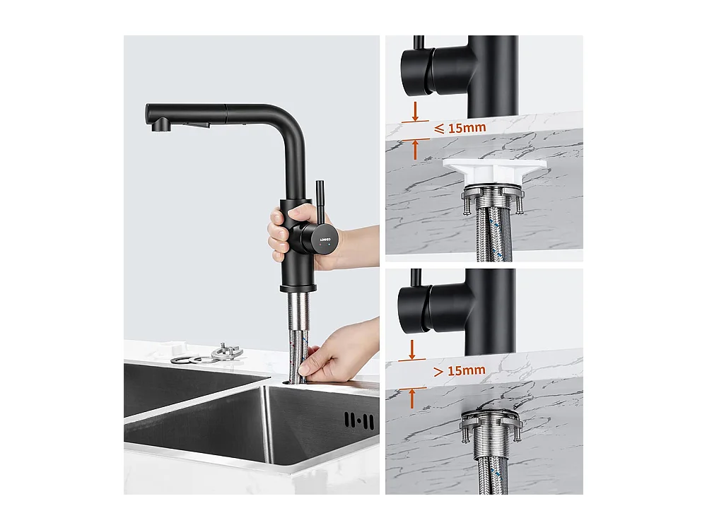 Lavello da cucina 1 vasca 55*44*19CM, da incasso/Fleur/ Sottopiano, Noir+Rubinetto Cucina Doccia Estraibile Due Getti Girevoli A 360°, Nero