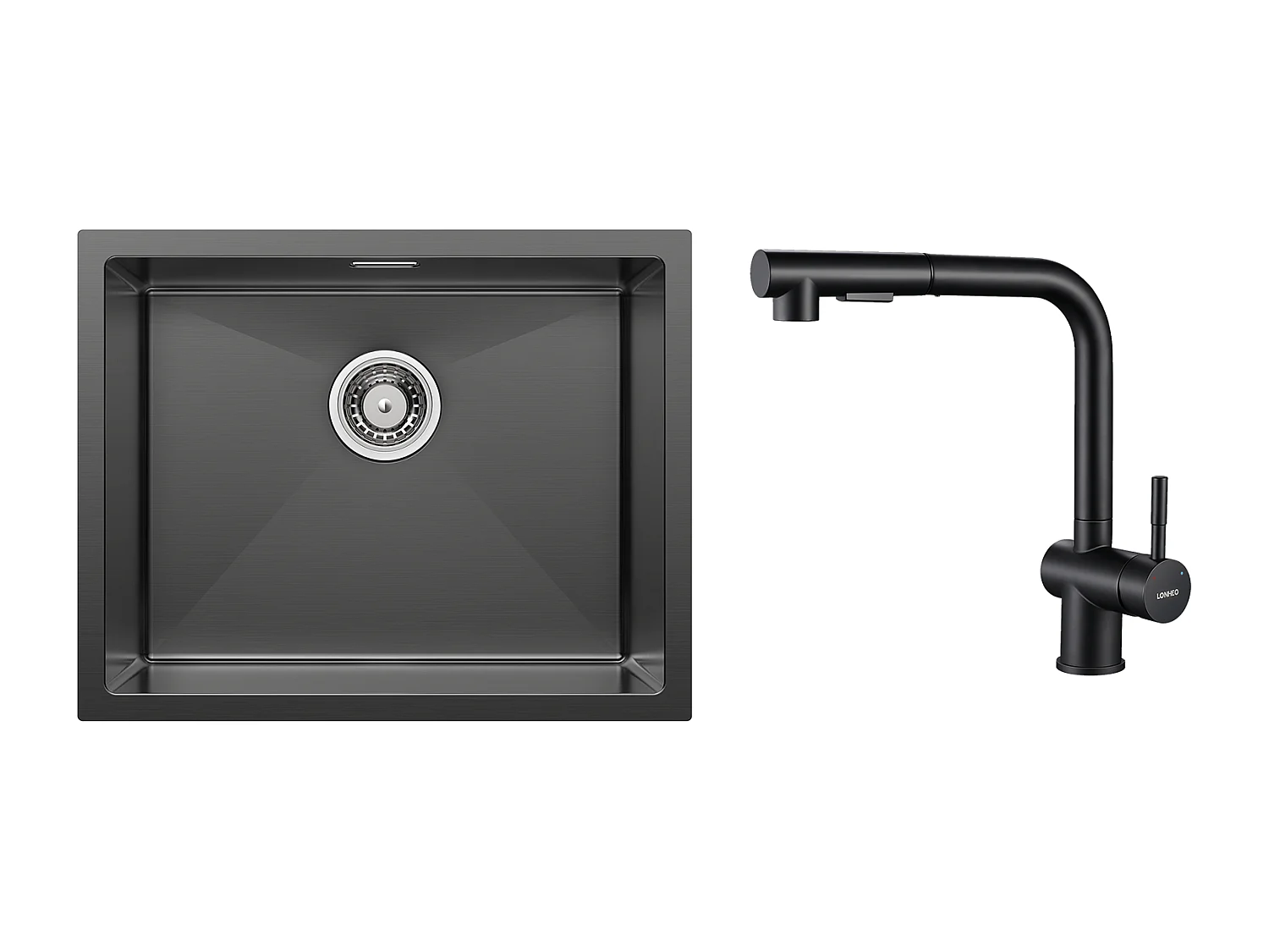 2 en1 Évier de Cuisine 1 Bac 55*44*19CM, à Encastrer/Fleur/ Sous-Plan, Noir+Robinet Cuisine Douchette Extractible Deux Jets Pivotant 360°,Noir