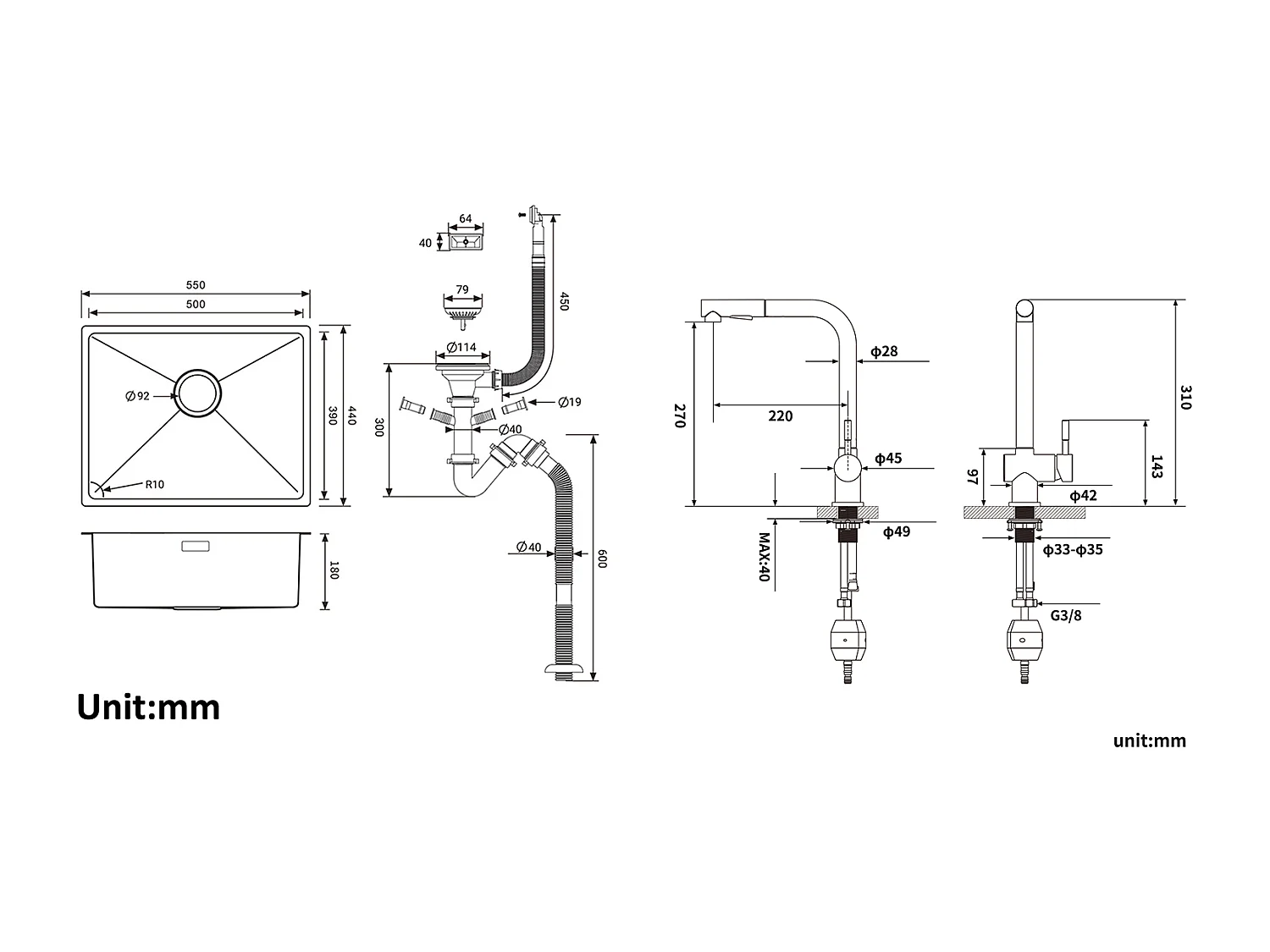 2 en1 Évier de Cuisine 1 Bac 55*44*19CM, à Encastrer/Fleur/ Sous-Plan, Noir+Robinet Cuisine Douchette Extractible Deux Jets Pivotant 360°,Noir