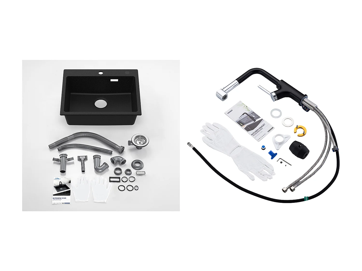 1 Bac Évier Cuisine en Granit,55*45*20cm,Kit de Vidage, Noir + Robinet de Cuisine Inox Extractible Rotatif à 360 °