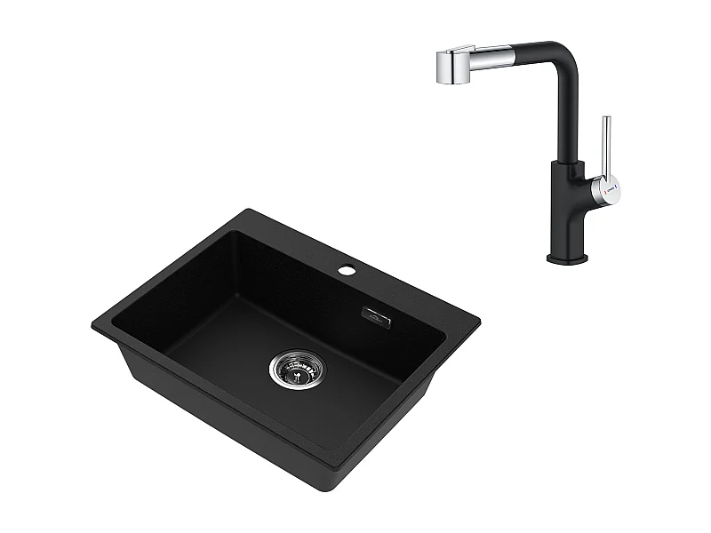 1 Granieten Aanrechtbak, 55*45*20cm, Afvoerset, Zwart + 360 ° Roterende Uittrekbare RVS Keukenkraan