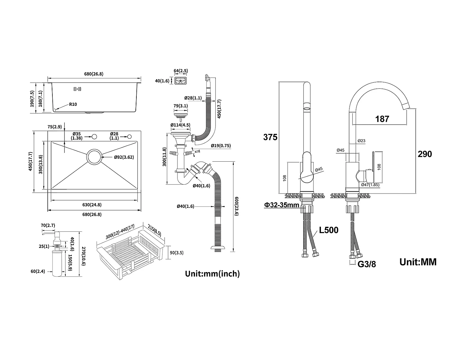 Lavello Cucina Spazzolato 68x45x19CM con Distrubutore Sapone Scolapiatti Cesto+Rubinetto Cucina Girevole 360° con Acqua Calda/Fredda,Cromato