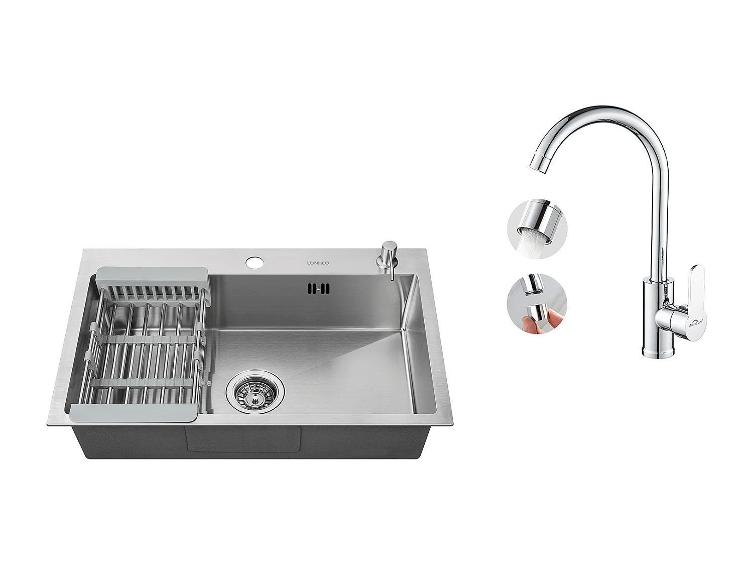 2 en1 Évier Cuisine Brossé 68x45x19CM avec Distrubuteur savon Égouttoir Panier+Robinet Cuisine Pivotant à 360° avec Eau Chaude/Froide, Chromé