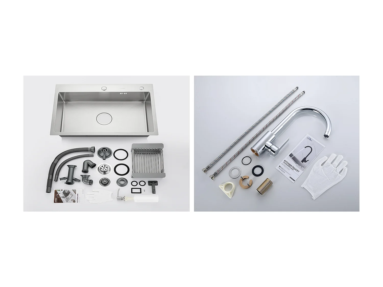 2 en1 Évier Cuisine Brossé 68x45x19CM avec Distrubuteur savon Égouttoir Panier+Robinet Cuisine Pivotant à 360° avec Eau Chaude/Froide, Chromé