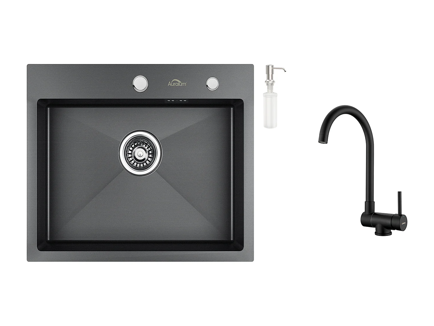 AuraLum Max Évier Cuisine 1 Bac 55*45CM Noir+Mitigeur Cuisine Rabattable Pivotant à 360°, avec Poignée Pliable Contre Fenêtre,Acier Inox 304,EU Modèle