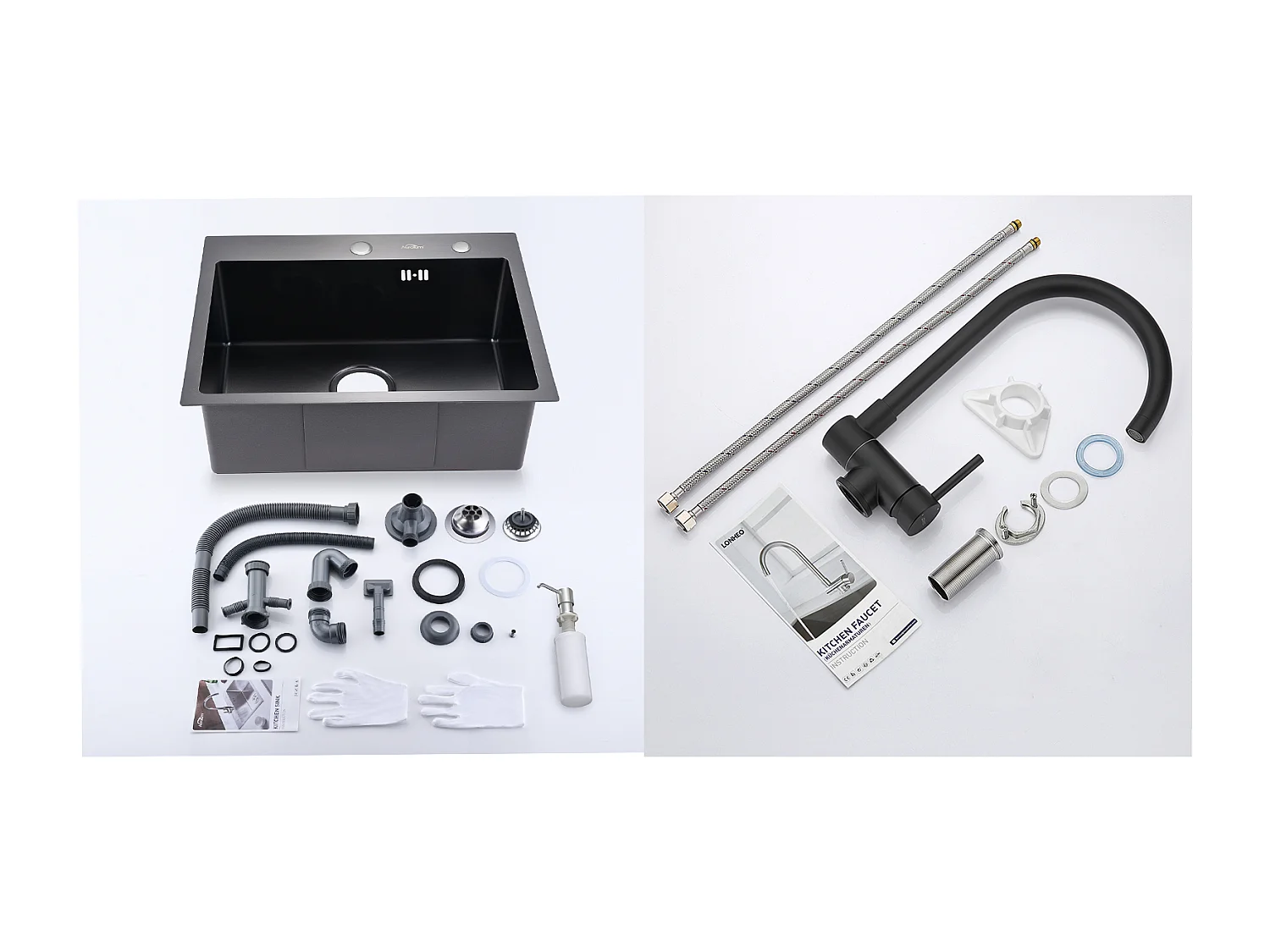 AuraLum Max Évier Cuisine 1 Bac 55*45CM Noir+Mitigeur Cuisine Rabattable Pivotant à 360°, avec Poignée Pliable Contre Fenêtre,Acier Inox 304,EU Modèle