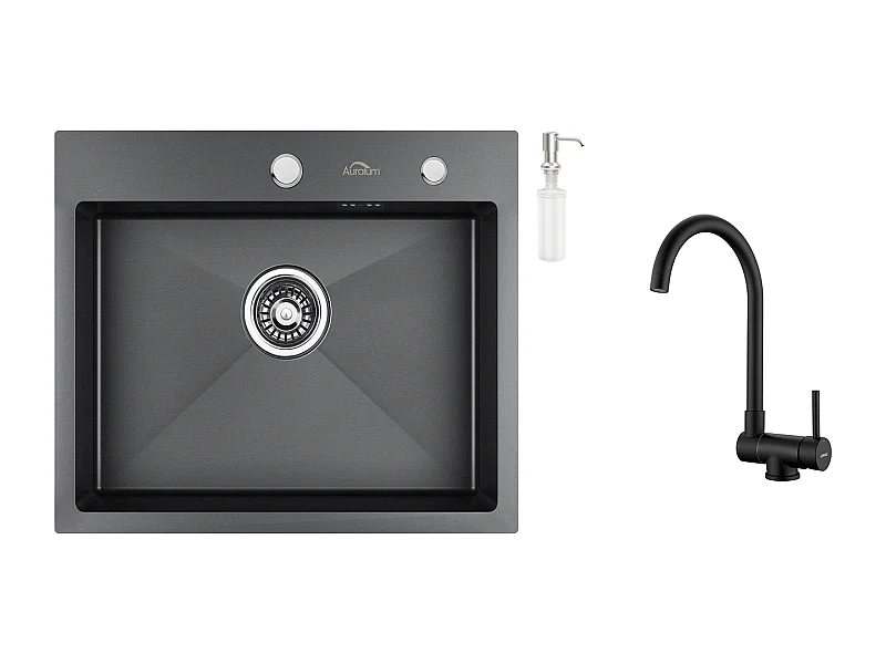 AuraLum Max Évier Cuisine 1 Bac 55*45CM Noir+Mitigeur Cuisine Rabattable Pivotant à 360°, avec Poignée Pliable Contre Fenêtre,Acier Inox 304,EU Modèle