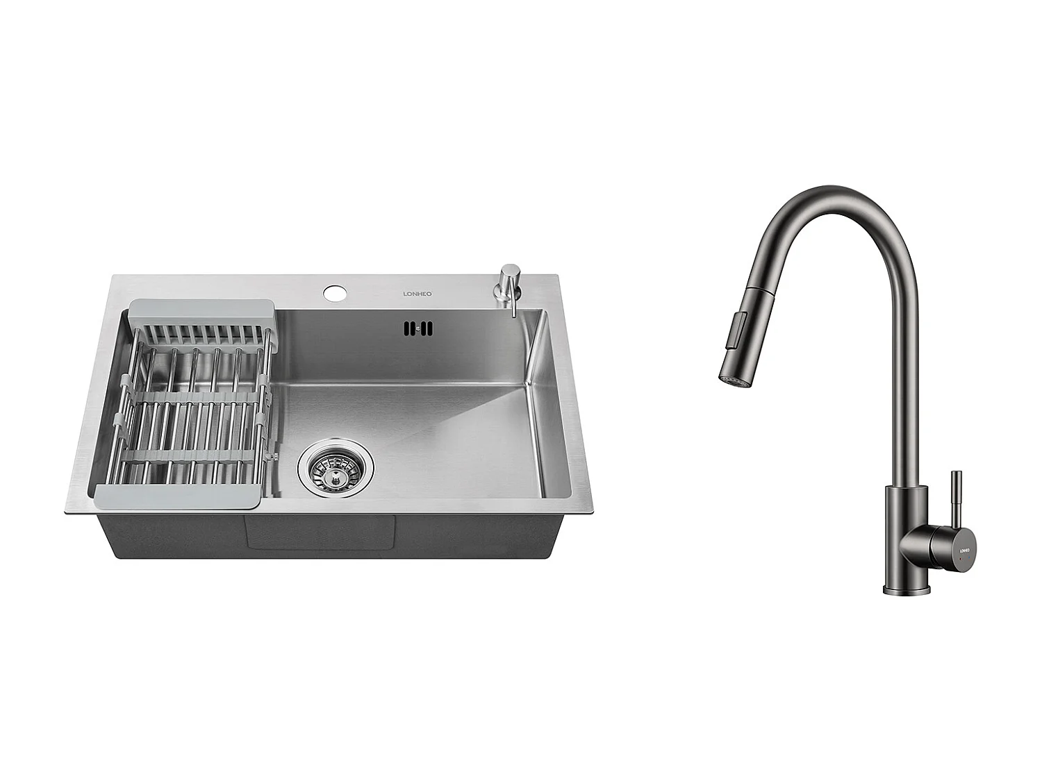 2 in1 Geborstelde Keukenspoelbak 68x45x19CMMet Zeepverdeler Afdruiprek Mand+Kraan Keuken Handdouche Uittrekbaar Donkergrijs Draaibaar 360