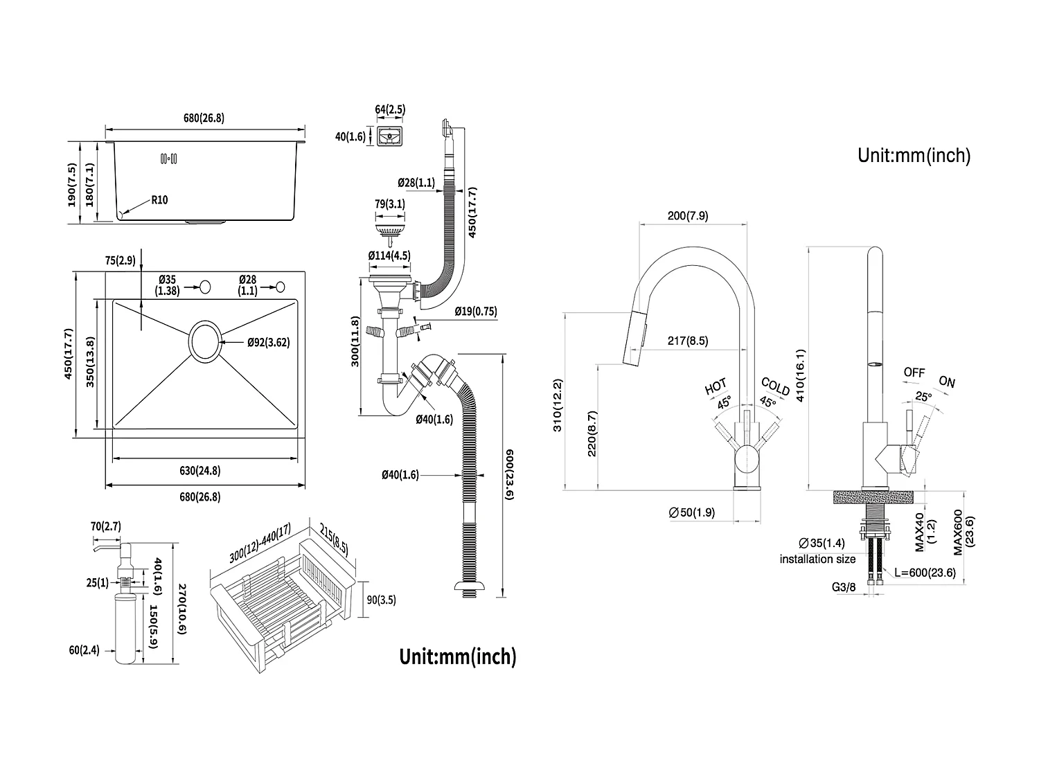 2 in1 Geborstelde Keukenspoelbak 68x45x19CMMet Zeepverdeler Afdruiprek Mand+Kraan Keuken Handdouche Uittrekbaar Donkergrijs Draaibaar 360