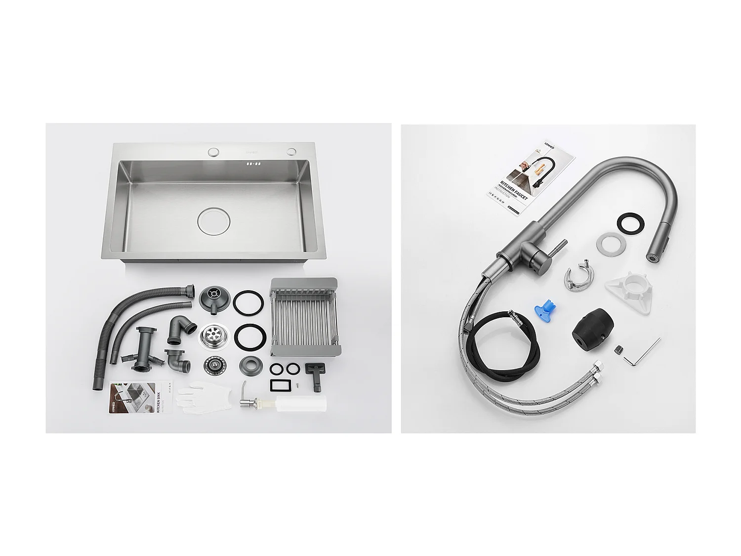 2 en1 Évier Cuisine Brossé 68x45x19CM avec Distrubuteur savon Égouttoir Panier+Robinet Cuisine Douchette Extractible Gris Foncé Rotatif 360