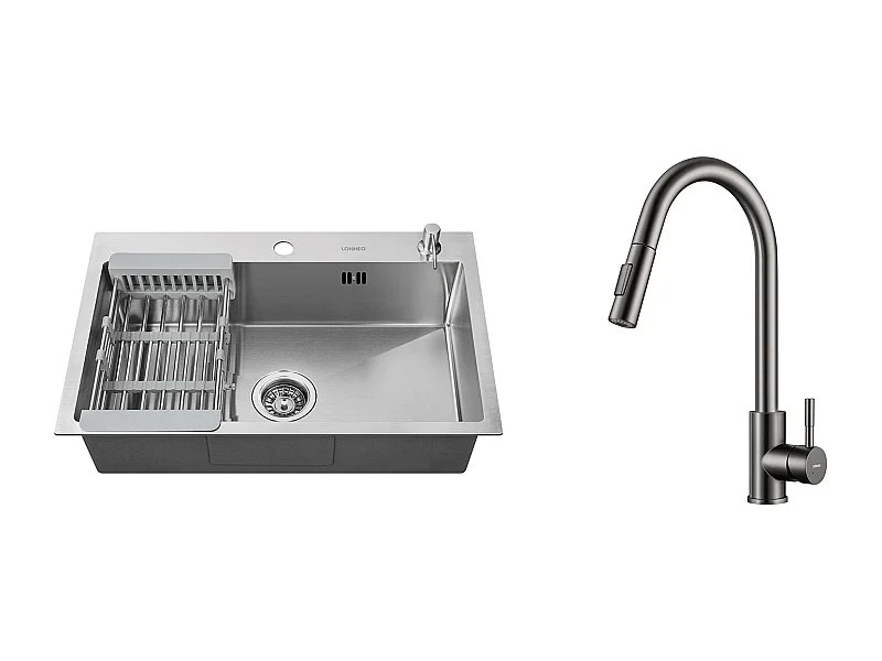 2 en1 Évier Cuisine Brossé 68x45x19CM avec Distrubuteur savon Égouttoir Panier+Robinet Cuisine Douchette Extractible Gris Foncé Rotatif 360