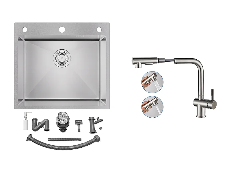 Evier Cuisine 54*49*20 CM,à Encastrer/à Fleur de Plan avec Distributeur Savon,Argent+Robinet Cuisine Douchette Extractible Deux Jets