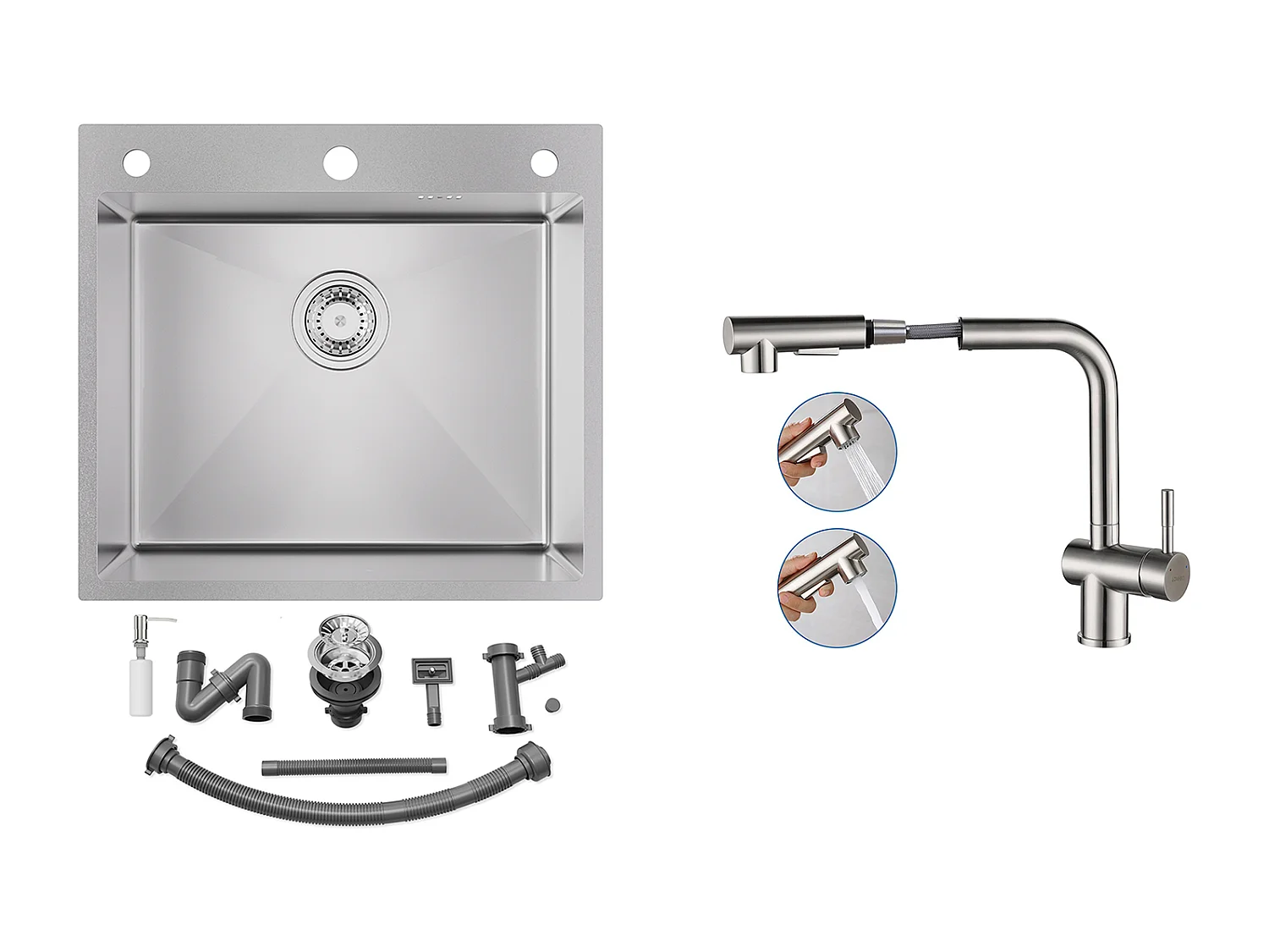 Evier Cuisine 54*49*20 CM,à Encastrer/à Fleur de Plan avec Distributeur Savon,Argent+Robinet Cuisine Douchette Extractible Deux Jets