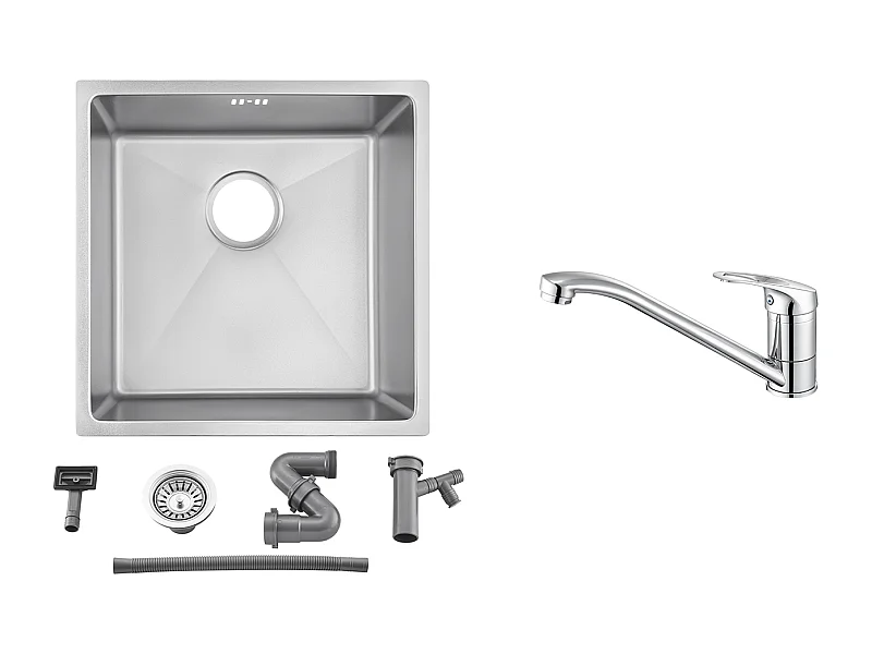 Évier Encastré 44x44x20CM cm - Évier de Cuisine 1 Bac en Acier Inoxydable 304,Argent+Robinet Cuisine,Orientable 360°,Eau Chaude/Froide,Chromé
