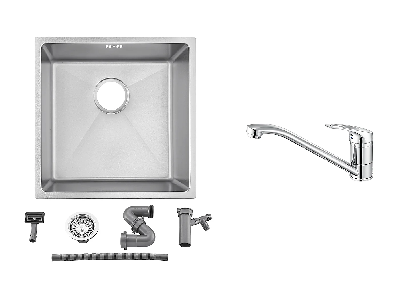Évier Encastré 44x44x20CM cm - Évier de Cuisine 1 Bac en Acier Inoxydable 304,Argent+Robinet Cuisine,Orientable 360°,Eau Chaude/Froide,Chromé