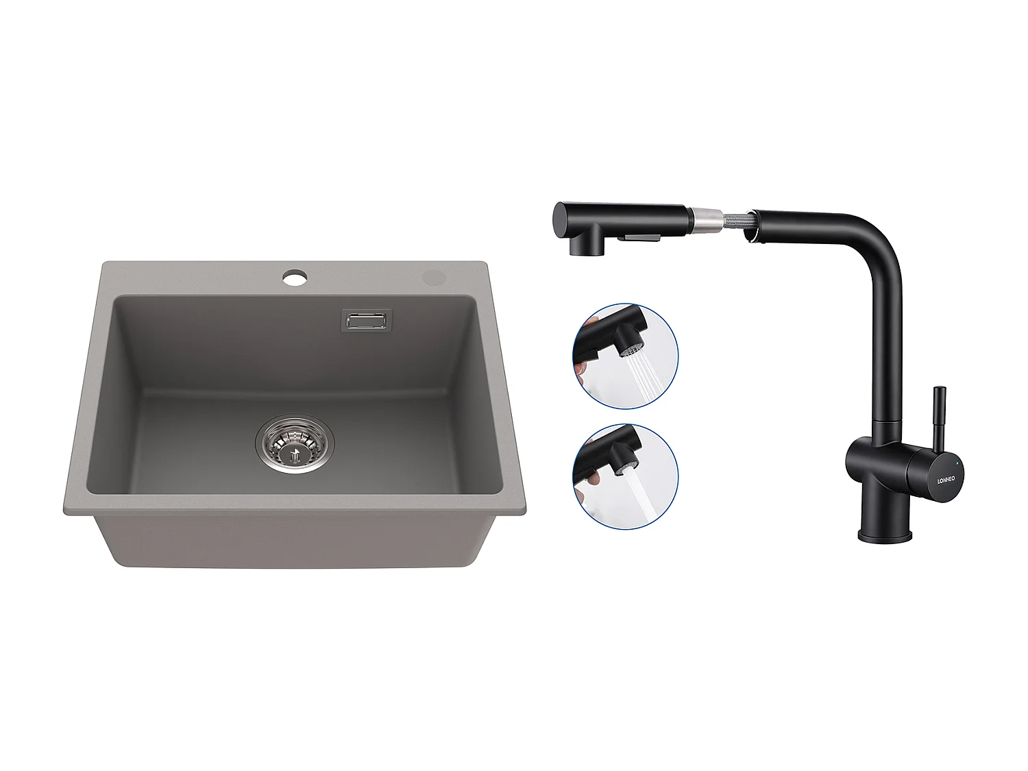 1 Bac Évier Cuisine en Granit,55*45*20cm,Kit de Vidage,Gris+Robinet Cuisine Douchette Extractible Deux Jets Pivotant 360°, Noir