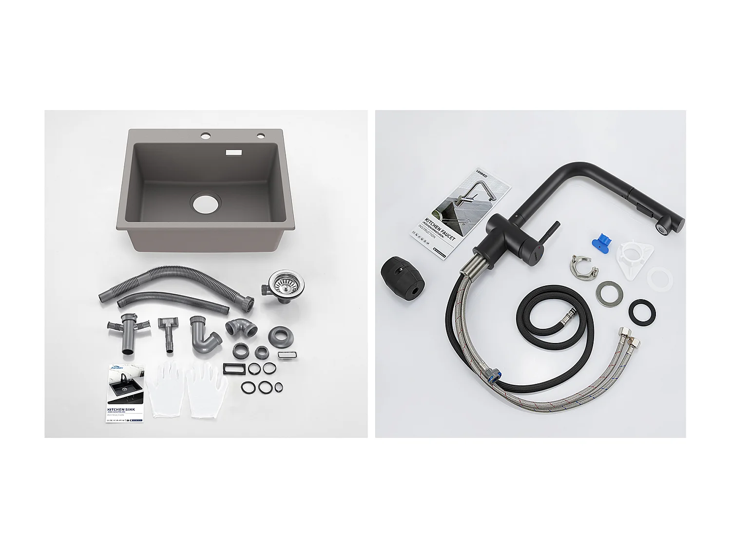 1 Bac Évier Cuisine en Granit,55*45*20cm,Kit de Vidage,Gris+Robinet Cuisine Douchette Extractible Deux Jets Pivotant 360°, Noir