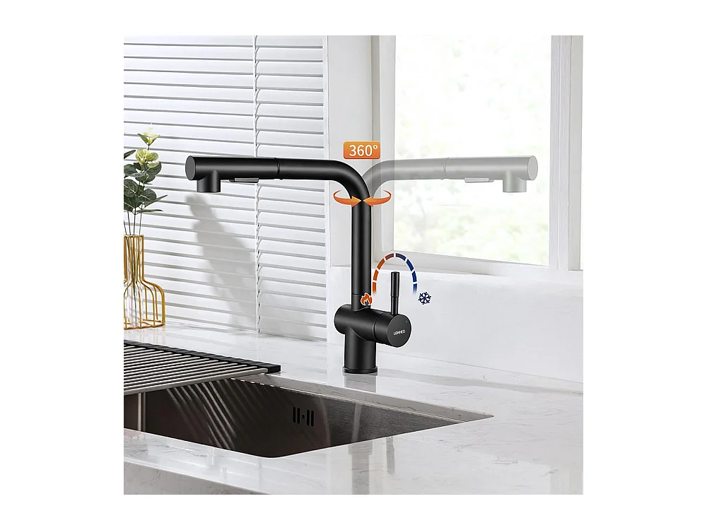 1 Bac Évier Cuisine en Granit,55*45*20cm,Kit de Vidage,Gris+Robinet Cuisine Douchette Extractible Deux Jets Pivotant 360°, Noir