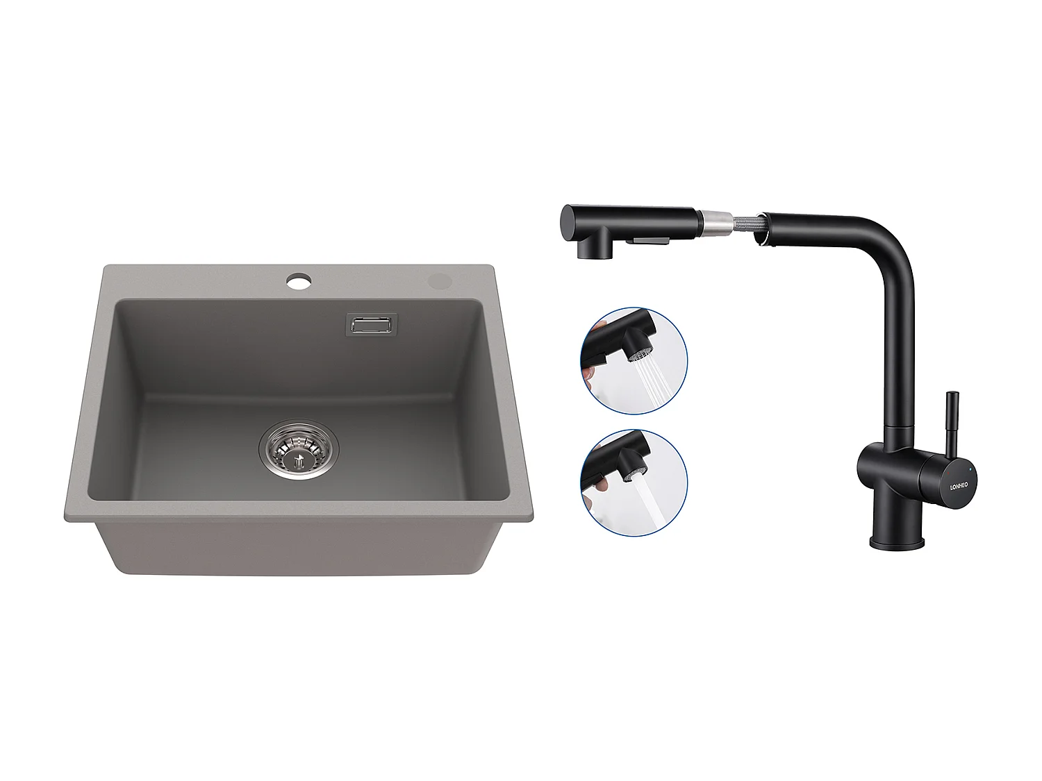 1 Bac Évier Cuisine en Granit,55*45*20cm,Kit de Vidage,Gris+Robinet Cuisine Douchette Extractible Deux Jets Pivotant 360°, Noir