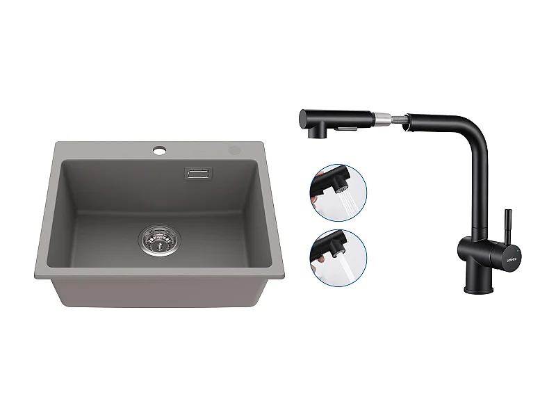 1 Vaschetta Lavello Cucina in Granito,55*45*20cm,Kit di Scarico,Grigio+Rubinetto Cucina Doccia Estraibile Due Getti Girevolanti a 360°, Nero