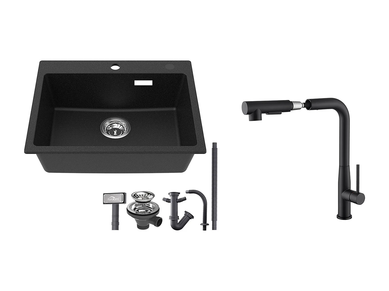 1 Granieten gootsteen, 55*45*20cm, afvoerset, zwart + keukenkraan met 360° draaibare uittrekbare douche, met warm/koud water, zwart