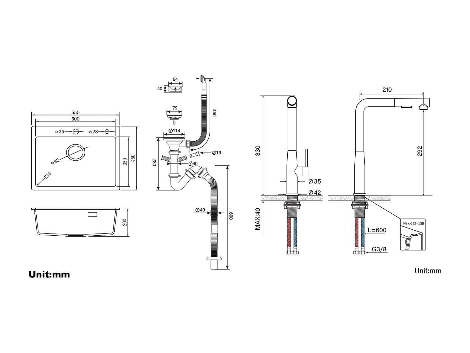 1 Granieten gootsteen, 55*45*20cm, afvoerset, zwart + keukenkraan met 360° draaibare uittrekbare douche, met warm/koud water, zwart