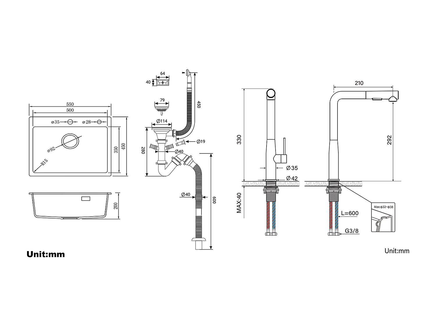1 Becken Granit-Küchenspüle, 55*45*20cm, Ablaufgarnitur, Schwarz + Küchenarmatur mit 360° drehbarer ausziehbarer Brause, mit Warm-/Kaltwasser, Schwarz