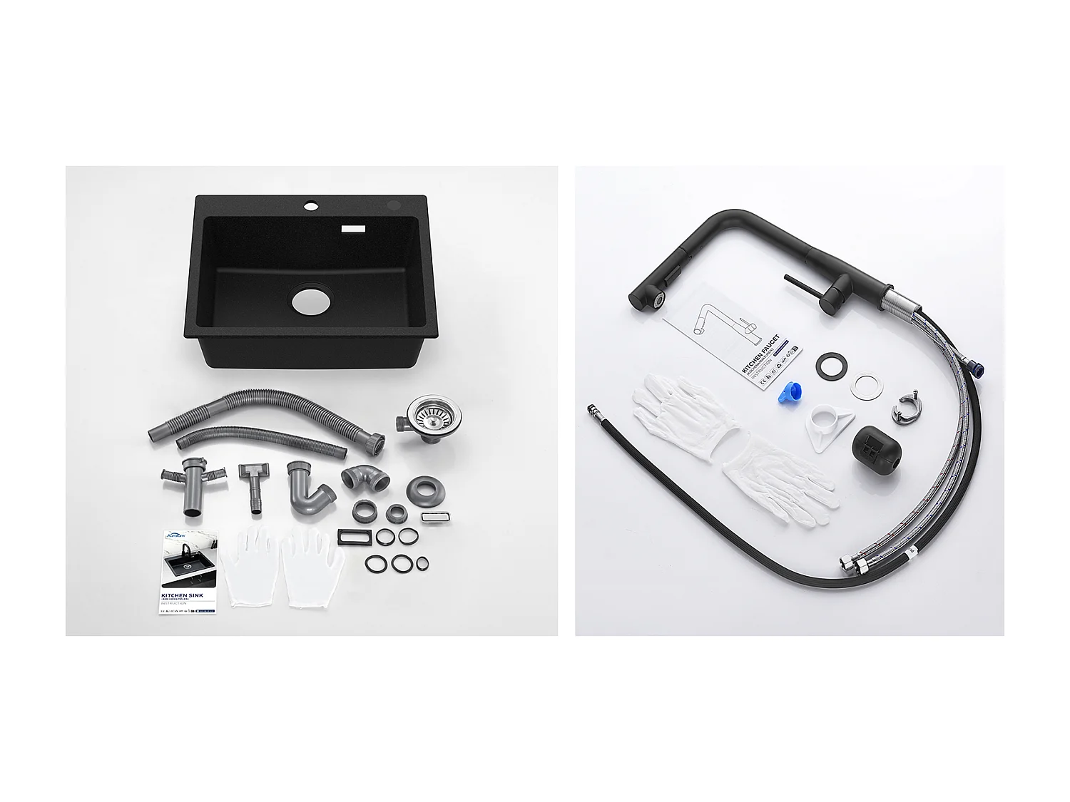 1 Becken Granit-Küchenspüle, 55*45*20cm, Ablaufgarnitur, Schwarz + Küchenarmatur mit 360° drehbarer ausziehbarer Brause, mit Warm-/Kaltwasser, Schwarz