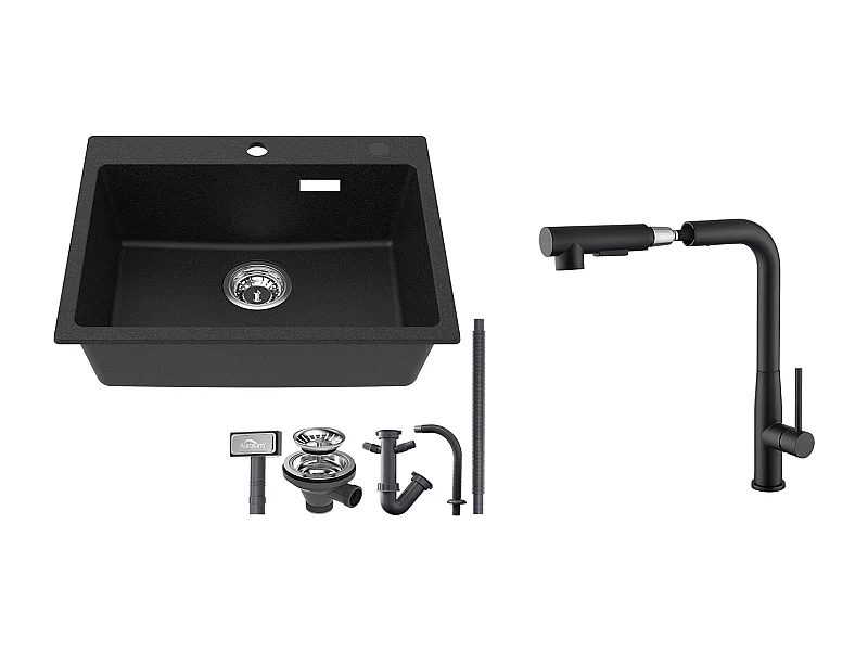 1 Granieten gootsteen, 55*45*20cm, afvoerset, zwart + keukenkraan met 360° draaibare uittrekbare douche, met warm/koud water, zwart