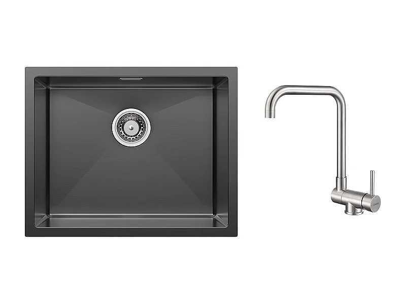 2 en1 Évier de Cuisine 1 Bac 55*44*19CM, à Encastrer/Fleur/ Sous-Plan, Noir +Mitigeur Cuisine Rabattable Pivotant 360° Eau froid Chaud