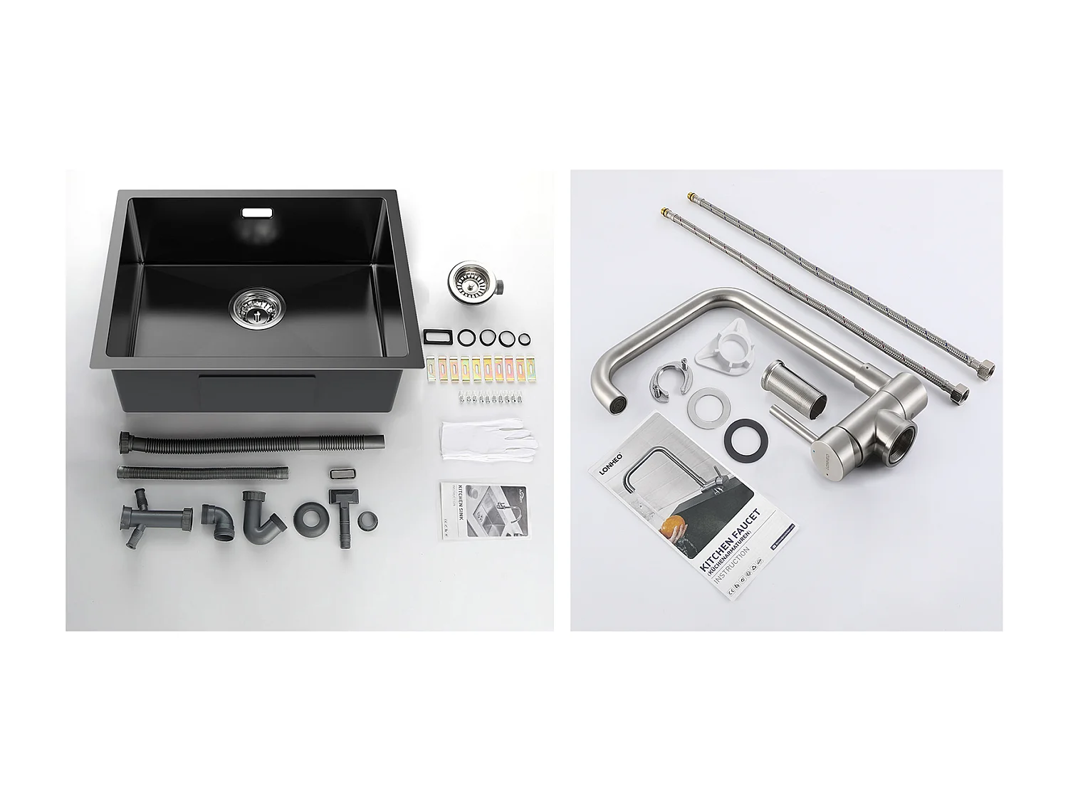 2 en1 Évier de Cuisine 1 Bac 55*44*19CM, à Encastrer/Fleur/ Sous-Plan, Noir +Mitigeur Cuisine Rabattable Pivotant 360° Eau froid Chaud