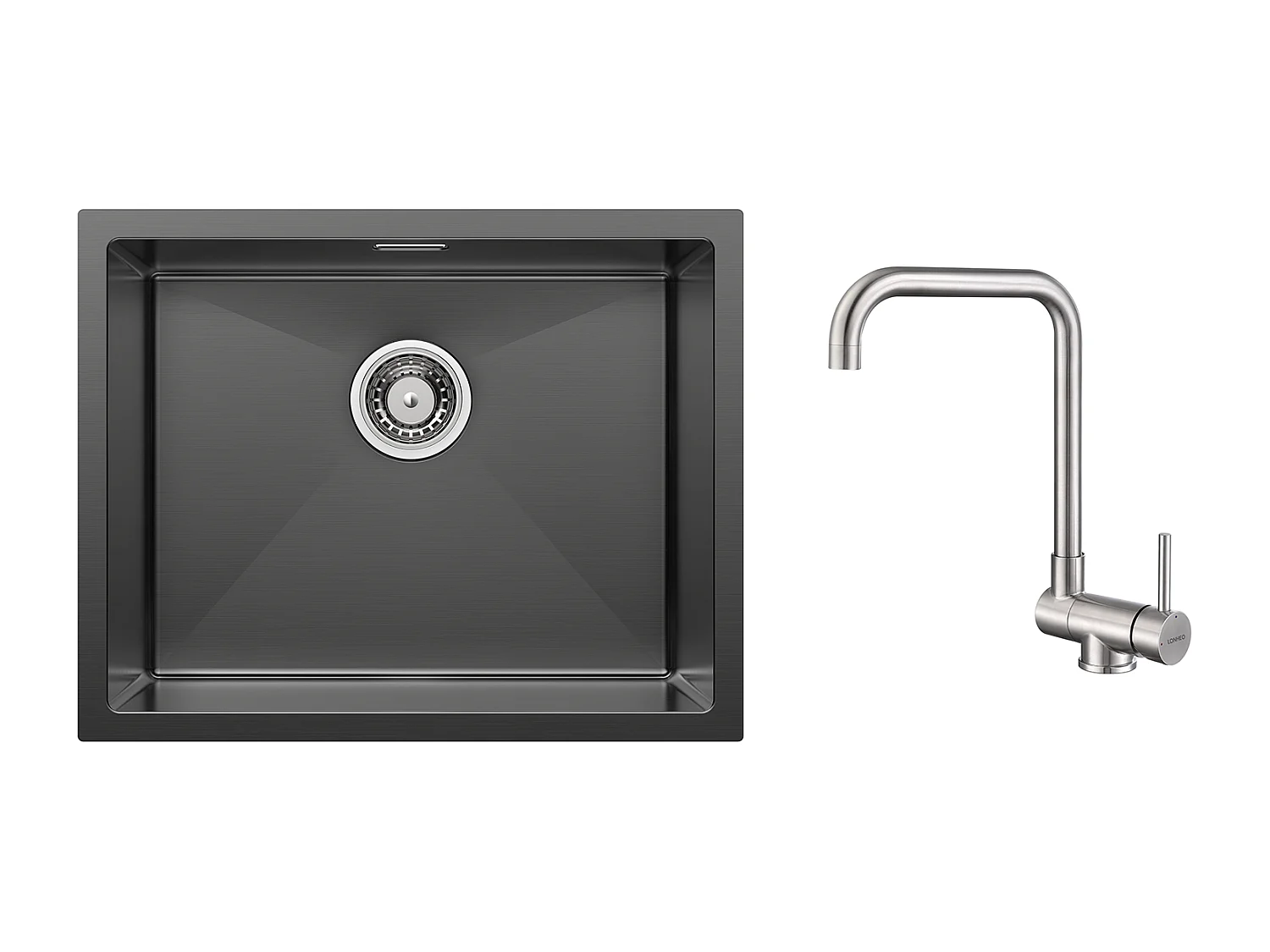 2 en1 Évier de Cuisine 1 Bac 55*44*19CM, à Encastrer/Fleur/ Sous-Plan, Noir +Mitigeur Cuisine Rabattable Pivotant 360° Eau froid Chaud