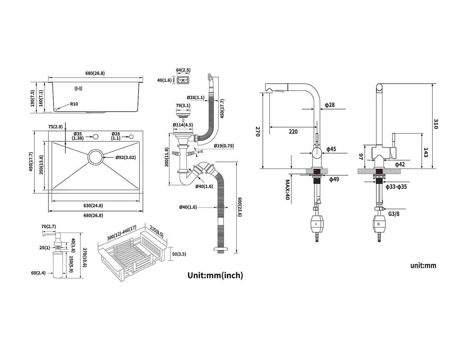 Fregadero Cocina Cepillado 68x45x19CM con Distributor Jabón Escurridor Cesta+Mezclador Cocina de Acero Inoxidable Plegable Girante 360°,Negro