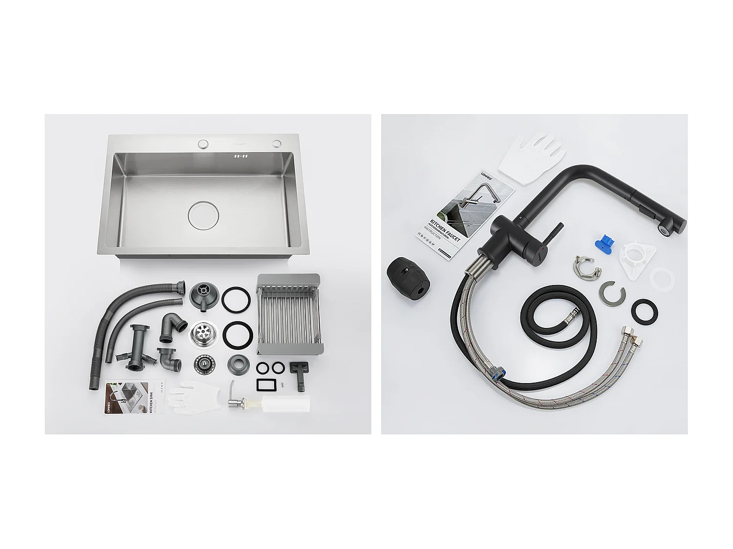 Fregadero Cocina Cepillado 68x45x19CM con Distributor Jabón Escurridor Cesta+Mezclador Cocina de Acero Inoxidable Plegable Girante 360°,Negro