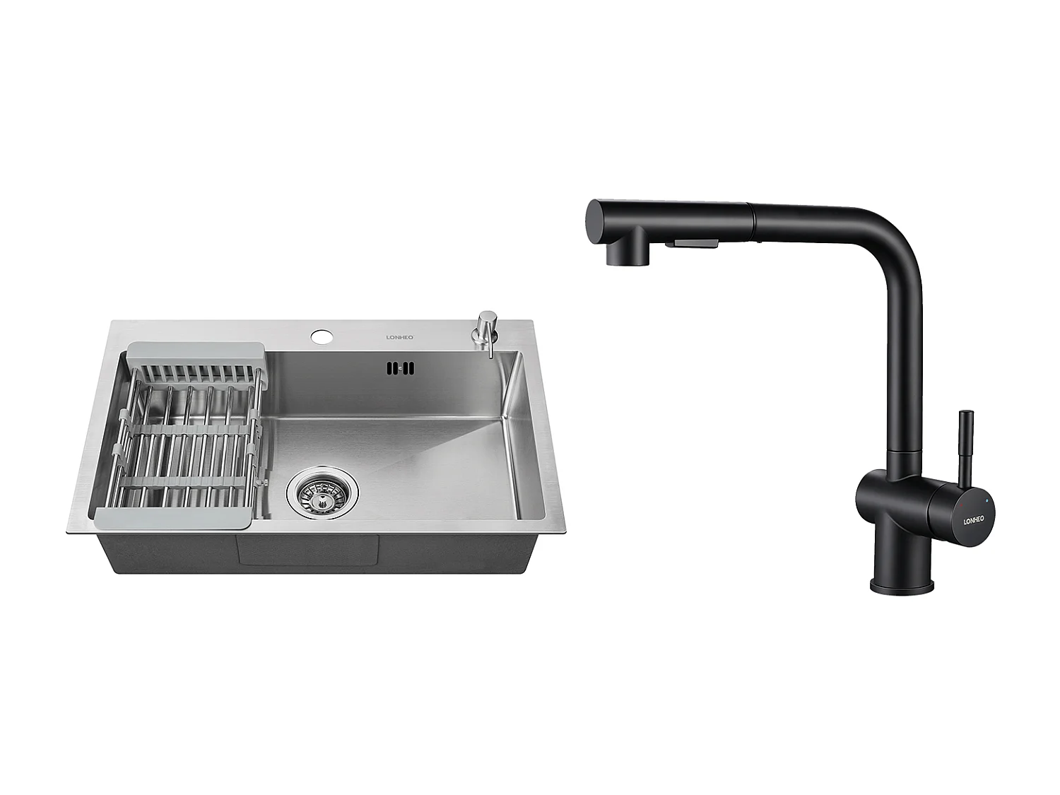 2 en1 Évier Cuisine Brossé 68x45x19CM avec Distrubuteur savon Égouttoir Panier+Mitigeur Cuisine en Acier Inox Rabattable Pivotant à 360°,Noir