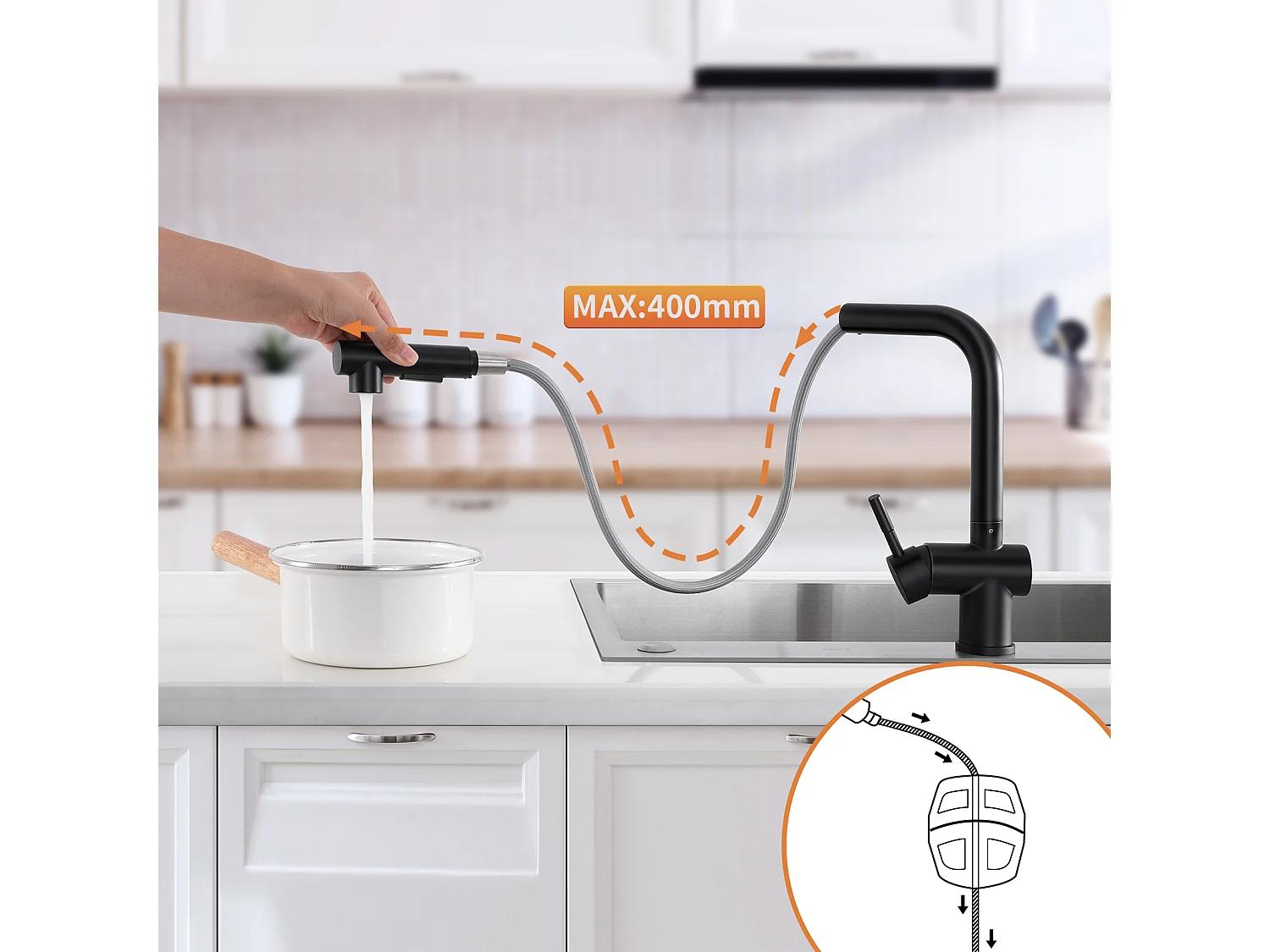 2 en1 Évier Cuisine Brossé 68x45x19CM avec Distrubuteur savon Égouttoir Panier+Mitigeur Cuisine en Acier Inox Rabattable Pivotant à 360°,Noir