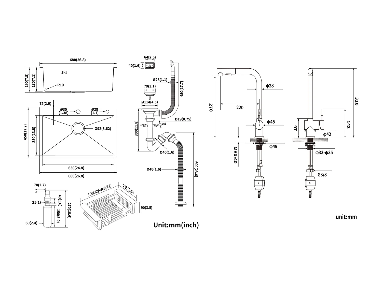 Fregadero Cocina Cepillado 68x45x19CM con Distributor Jabón Escurridor Cesta+Mezclador Cocina de Acero Inoxidable Plegable Girante 360°,Negro